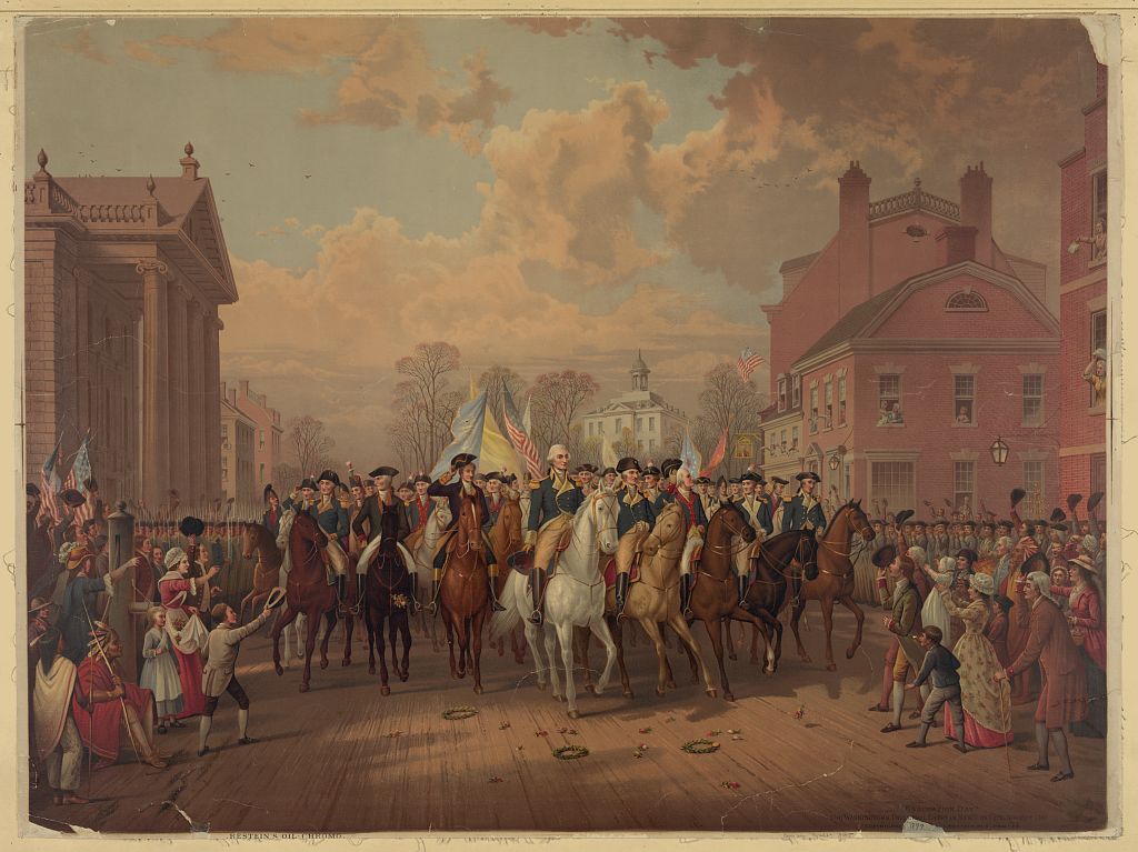 Print showing George Washington and other military officers riding on horseback along street, spectators line the street, others observe from windows.